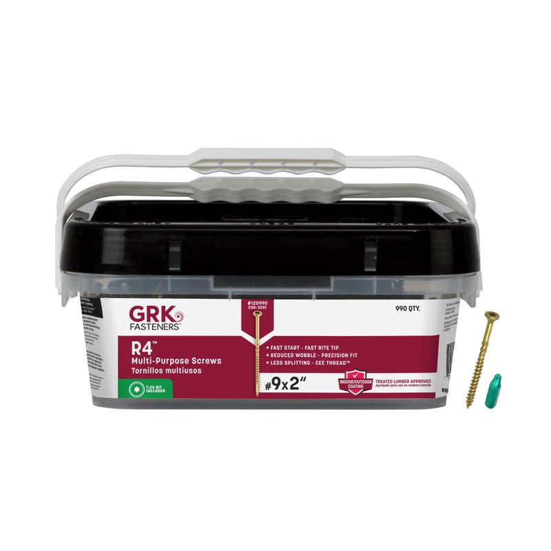 GRK Fasteners R4â„¢ #9 x 2 Inch, Multi-Purpose Framing Screws, 990 PCS, Rust Resistant Climatekâ„¢ Coating, Outdoor Fencing and Deck Screws, Fast Bite Tip, Star Drive Recess, T-25 Bit Included, Gold - Image 1
